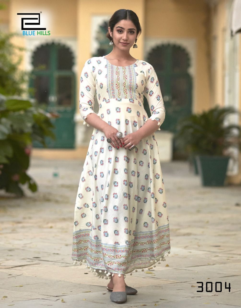 Blue Hills Pom Pom 3 Rayon Printed Ethnic Wear Long Anarkali Kurti Collection